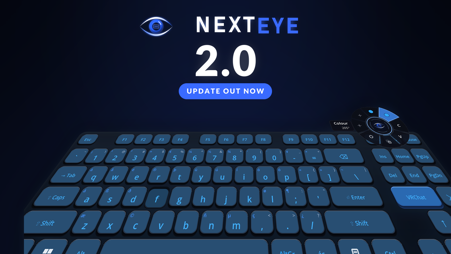 The Next Eye VR keyboard, lit, with the dial open above its top right corner
